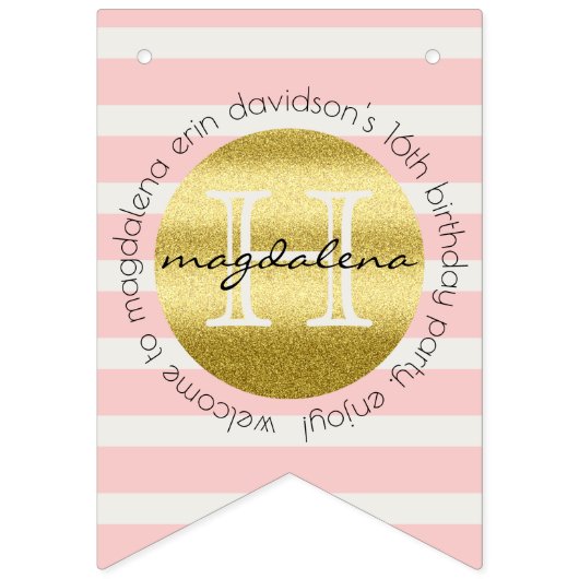 粋なモノグラムの金ゴールドのグリッターの赤面のピンクのストライプ バンティングフラッグ (第1の旗)