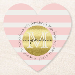 粋なモノグラムの金ゴールドのグリッターの赤面のピンクのストライプ ペーパーコースター