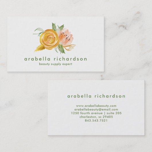 粋なモモおよび金ゴールドの水彩画の花柄 名刺 (正面/裏面)