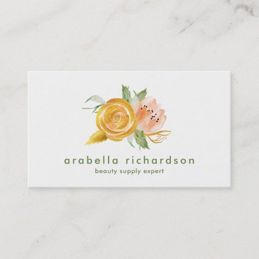 粋なモモおよび金ゴールドの水彩画の花柄 名刺 (正面)