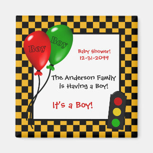 粋なレースカーは男の子のベビーシャワーを市松模様にします マグネット