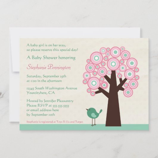 粋な円の木および鳥のベビーシャワーの招待 招待状 (正面)