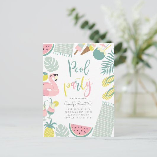 粋な夏のプールを囲んでのパーティの原稿の菓子16の誕生日 インビテーションポストカード (スタンド正面)