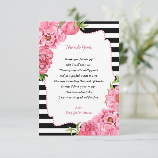 粋な女の子のピンクの花のベビーシャワーはノート感謝していしています サンキューカード (スタンド正面)