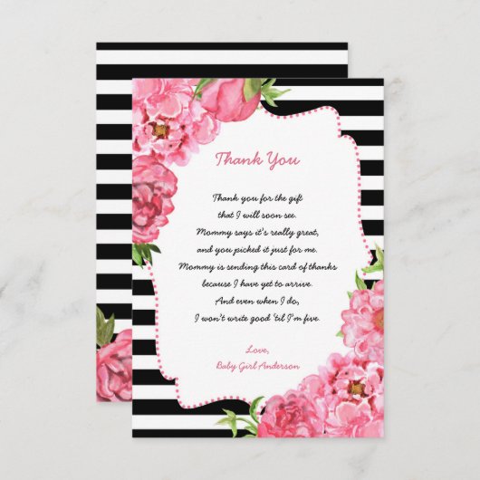 粋な女の子のピンクの花のベビーシャワーはノート感謝していしています サンキューカード (正面/裏面)