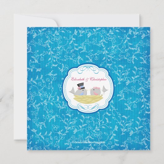 粋な愛鳥のブライダルシャワーの招待状の青 招待状 (裏面)