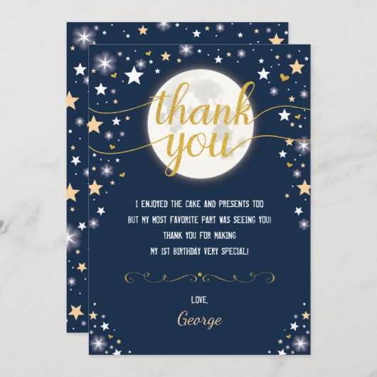 粋な海軍及び金ゴールドの月のきらめきの星の誕生日 サンキューカード (正面/裏面)