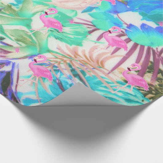 粋な熱帯ティール（緑がかった色）のピンクの花柄のフラミンゴ ラッピングペーパー (角)
