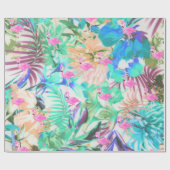 粋な熱帯ティール(緑がかった色)のピンクの花柄のフラミンゴ ラッピングペーパー (フラット)