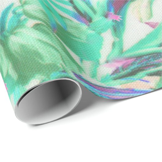 粋な熱帯ティール(緑がかった色)のピンクの花柄のフラミンゴ ラッピングペーパー (ロールコーナー)