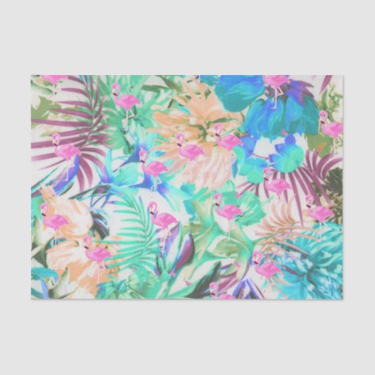 粋な熱帯ティール(緑がかった色)のピンクの花柄のフラミンゴ 薄葉紙 (正面)