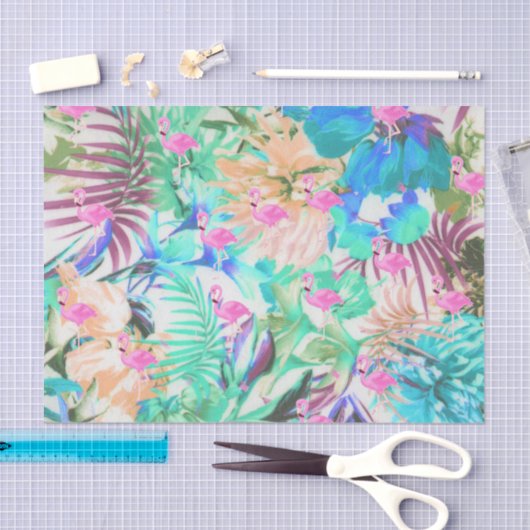 粋な熱帯ティール（緑がかった色）のピンクの花柄のフラミンゴ 薄葉紙 (クラフト)