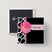 粋な白黒キリンのピンクのデイジーおよび名前 缶バッジ (正面&裏面)