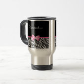粋な白黒シマウマのプリントのピンクのリボン トラベルマグ (正面左)