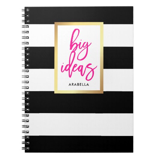 粋な白黒ストライプの金ゴールドおよびタイポグラフィ ノートブック (正面)