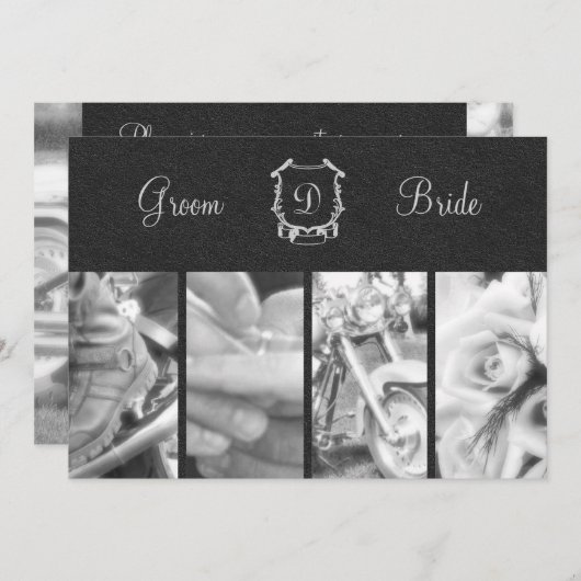 粋な白黒バイクもしくは自転車に乗る人の結婚式招待状 招待状 (正面/裏面)