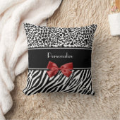 粋な白黒ヒョウのシマウマのプリントの赤い弓 クッション (ブランケット)