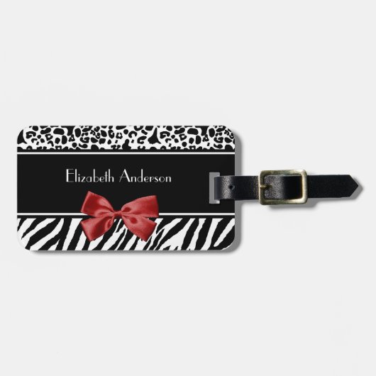 粋な白黒ヒョウのシマウマのプリントの赤い弓 ラゲッジタグ (正面横)