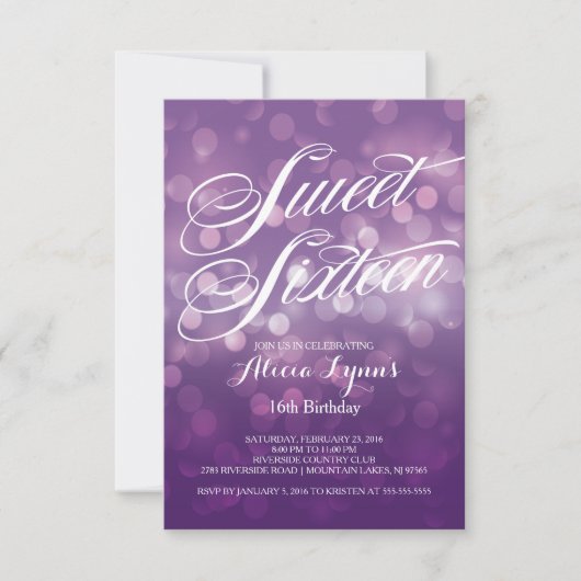 粋な紫色の《写真》ぼけ味ライトSweet sixteenのパーティー 招待状 (正面)