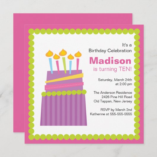 粋な紫色及びピンクのケーキの誕生日の招待状 招待状 (正面/裏面)