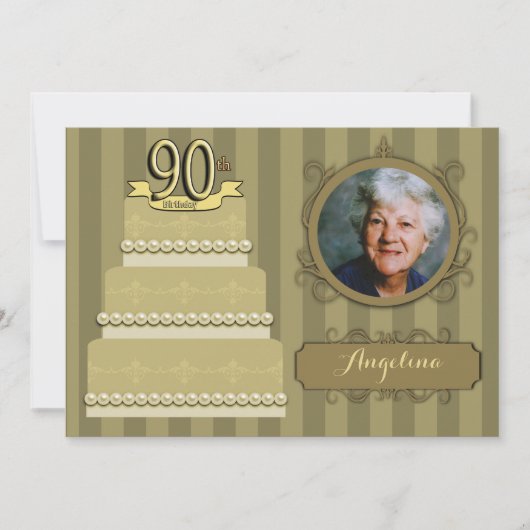 粋な金ダマスク織の第90誕生日の写真の招待 招待状 (正面)