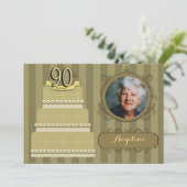粋な金ダマスク織の第90誕生日の写真の招待 招待状 (スタンド正面)