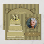 粋な金ダマスク織の第90誕生日の写真の招待 招待状 (正面/裏面)