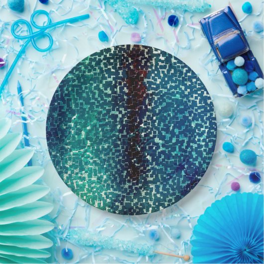 粗い打ちガラスの上のネオンブルーのモザイクスタイル ペーパープレート (パーティー)