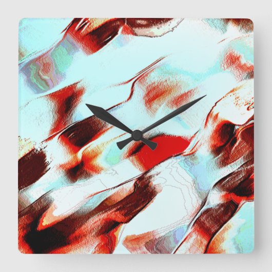 粗い淡いシアンと強い赤 スクエア壁時計 (正面)