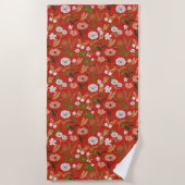 粗い竹のフローラ蝶シャムロック赤で ビーチタオル (正面)