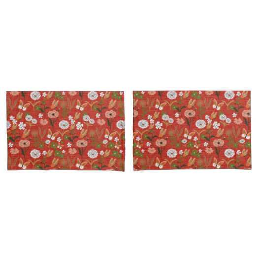 粗い竹のフローラ蝶シャムロック赤で 枕カバー (フロントセット)