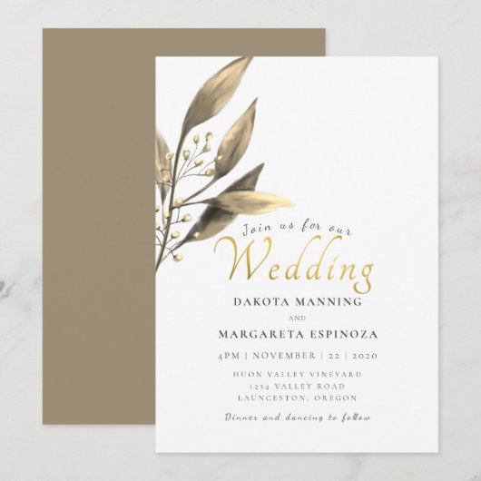 粗エレガント野な金ゴールドの黒結婚葉 招待状 (正面/裏面)