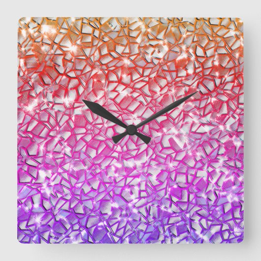 粗モザイクオレンジから赤と薄紫と輝き スクエア壁時計 (正面)