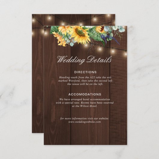 粗野な木のヒマワリの結婚詳細カード エンクロージャーカード (正面/裏面)