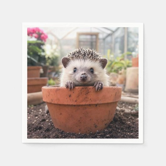 粘土の植木鉢にいるハリネズミ スタンダードカクテルナプキン (正面)