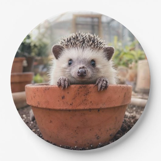 粘土の植木鉢にいるハリネズミ ペーパープレート (正面)
