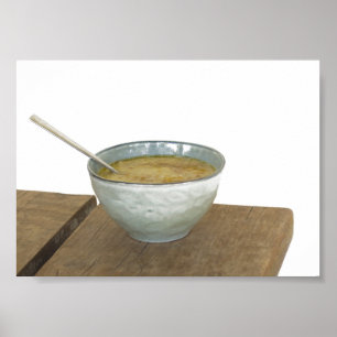 粘土丼スプーン麦おやつお粥の木製テーブル ポスター