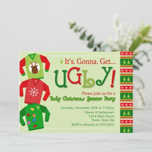 粘着性のクリスマスのセーターのパーティの招待状 招待状 (スタンド正面)