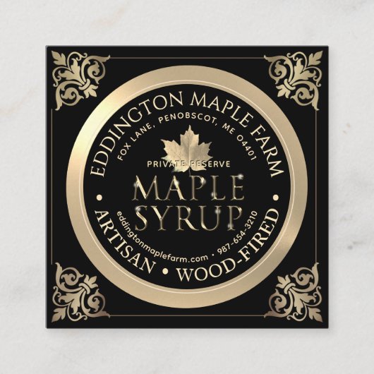 精巧なアーティザンブラックと金ゴールドメープルシロップ スクエア名刺 (正面)