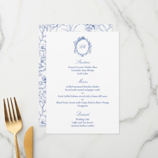 精巧な植物性ブルーチノワスリー結婚ズ メニュー (正面/裏面インサイチュ)