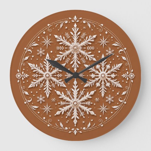 精巧な白い雪の結晶 ラージ壁時計 (正面)