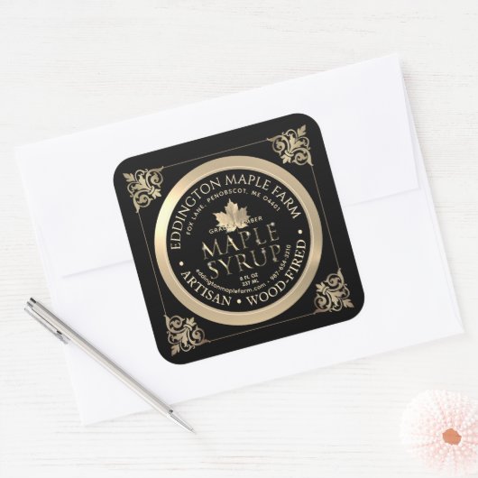 精巧な縁ど黒と金ゴールドメープルシロップのラベル スクエアシール (封筒)