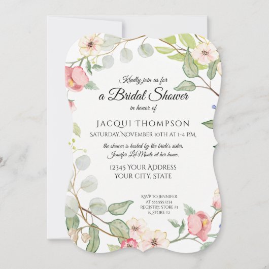 精巧な葉シルバーセージワイルドバラ水彩 招待状 (正面)