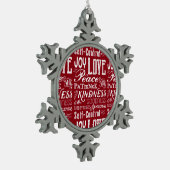 精神のタイポグラフィのクリスマス愛喜びのフルーツ スノーフレークピューターオーナメント (左)