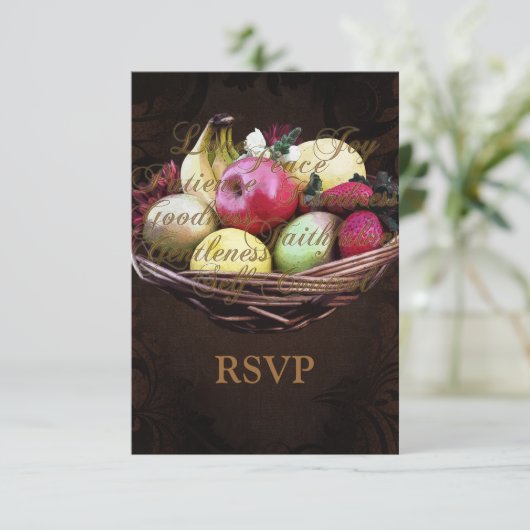 精神のフルーツ、ブラウンの色彩の鮮やかなバスケット 出欠カード (スタンド正面)