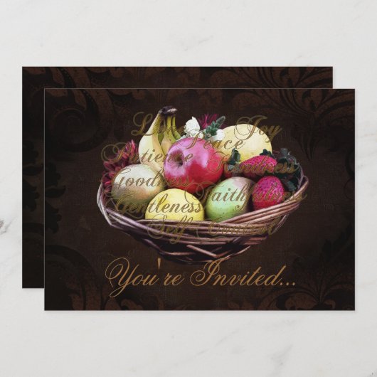 精神のフルーツ、ブラウンの色彩の鮮やかなバスケット 招待状 (正面/裏面)