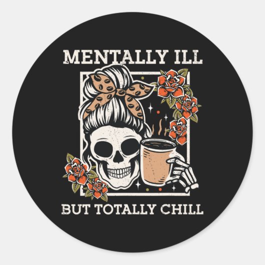 精神的に悪いが完全に寒いハロウィーンのスケルトン ラウンドシール (正面)