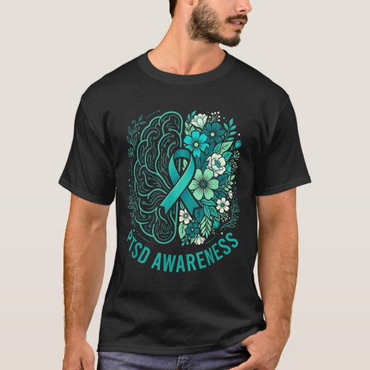 精神衛生 PTSD 啓発 脳と花 ティール Tシャツ (正面)
