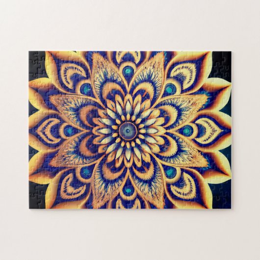精緻なターコイズブルーゴールド花柄マンダラ ジグソーパズル (横)