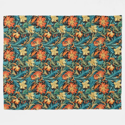 精製された植物性モリス象徴的な花のパターン フリースブランケット (正面(横))